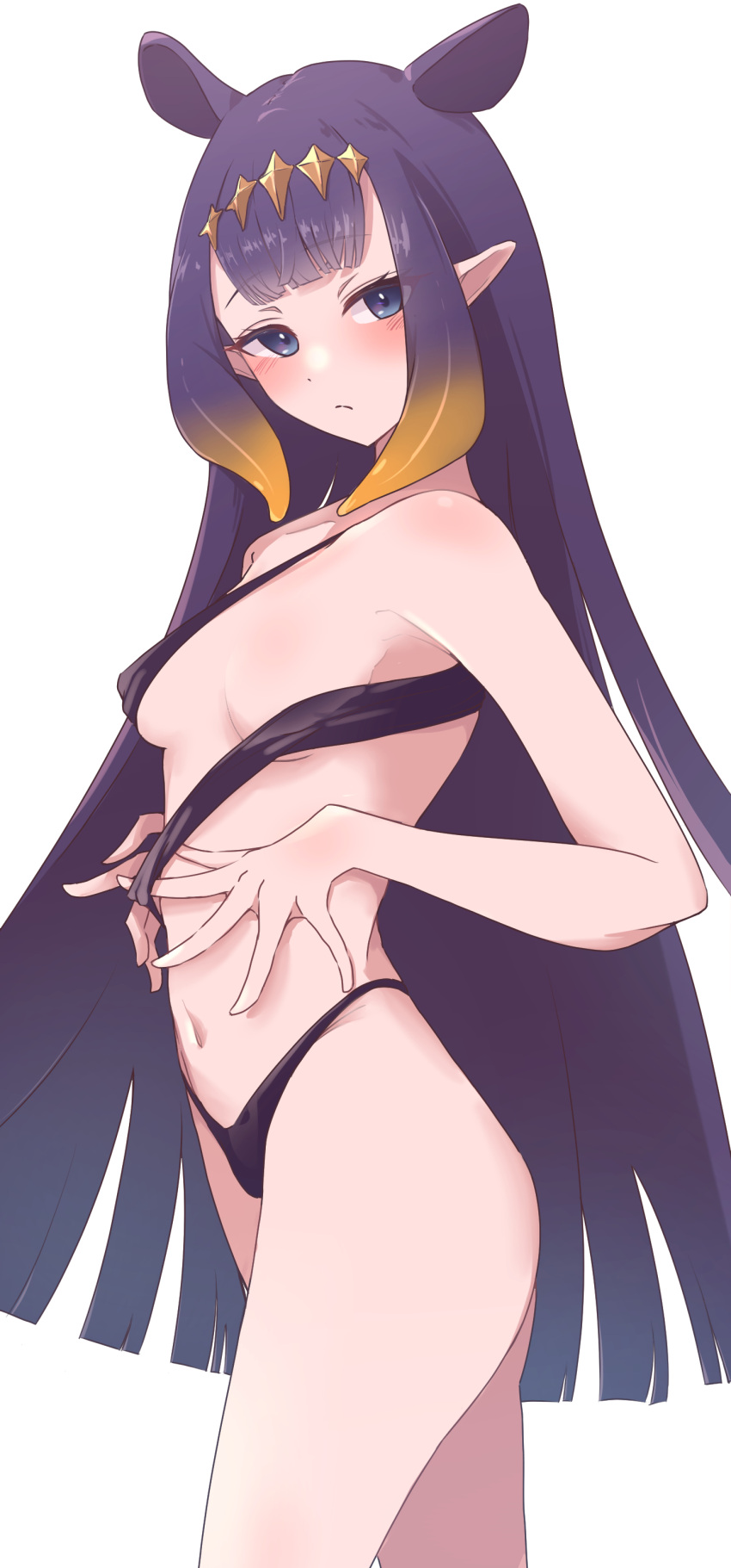 absurdres blunt_bangs blush breasts chillout_tang cowboy_shot female from_side gradient_hair highres hololive hololive_english long_hair looking_at_viewer multicolored_hair ninomae_ina'nis orange_hair pointy_ears purple_hair revealing_clothes sidelocks simple_background small_breasts solo swimsuit tentacle_hair very_long_hair virtual_youtuber white_background