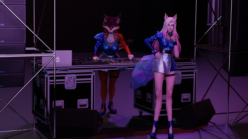 16:9 3d_(artwork) accessory ahri_(lol) anthro apple_inc. apple_macintosh avoid_posting belt blender_(artwork) blender_cycles blue_eyes bodypaint bottomwear canid canine case choker clothing colored_nails computer concert cosplay diamonds_(suit) digital_media_(artwork) dj_booth duo ear_piercing ear_ring electronics event face_paint female female/female fluffy fluffy_ears fluffy_tail footwear fox foxxy_vixen foxy_(original) glass green_eyes hair hair_accessory hairclip hand_on_hip hand_on_object heart_symbol hi_res high_heels holding_microphone holding_object human jbl jewelry kda knobs laptop league_of_legends led_light leg_belt lights live loudspeaker macbook mammal metal microphone miniskirt mixer mixing_console nails necklace piercing pinup pioneer_(company) pose purple_lighting reflection ring_piercing riot_games sexy_eyes shadow singing skirt speaker stage stage_lights suit_symbol tail tencent widescreen