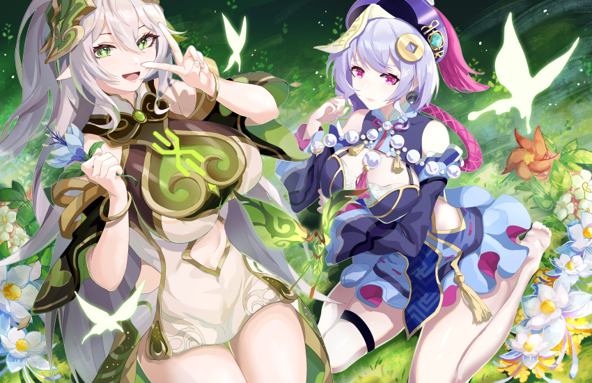 2girls absurdres aged_up bangle bare_legs bare_shoulders beads bracelet breasts bupa_chila cleavage_cutout clothing_cutout detached_sleeves dress flower genshin_impact gold_trim green_eyes hair_ornament hand_up hat highres holding holding_flower jewelry jiangshi large_breasts long_hair long_sleeves looking_at_viewer multiple_girls nahida_(genshin_impact) navel navel_cutout ofuda one_side_up open_mouth pink_eyes pointy_ears purple_dress purple_hair qingdai_guanmao qiqi_(genshin_impact) seiza short_dress short_hair side_cutout sitting smile star-shaped_pupils star_(symbol) symbol-shaped_pupils tamura_yukari thighs v very_long_hair voice_actor_connection white_dress white_hair x_hair_ornament