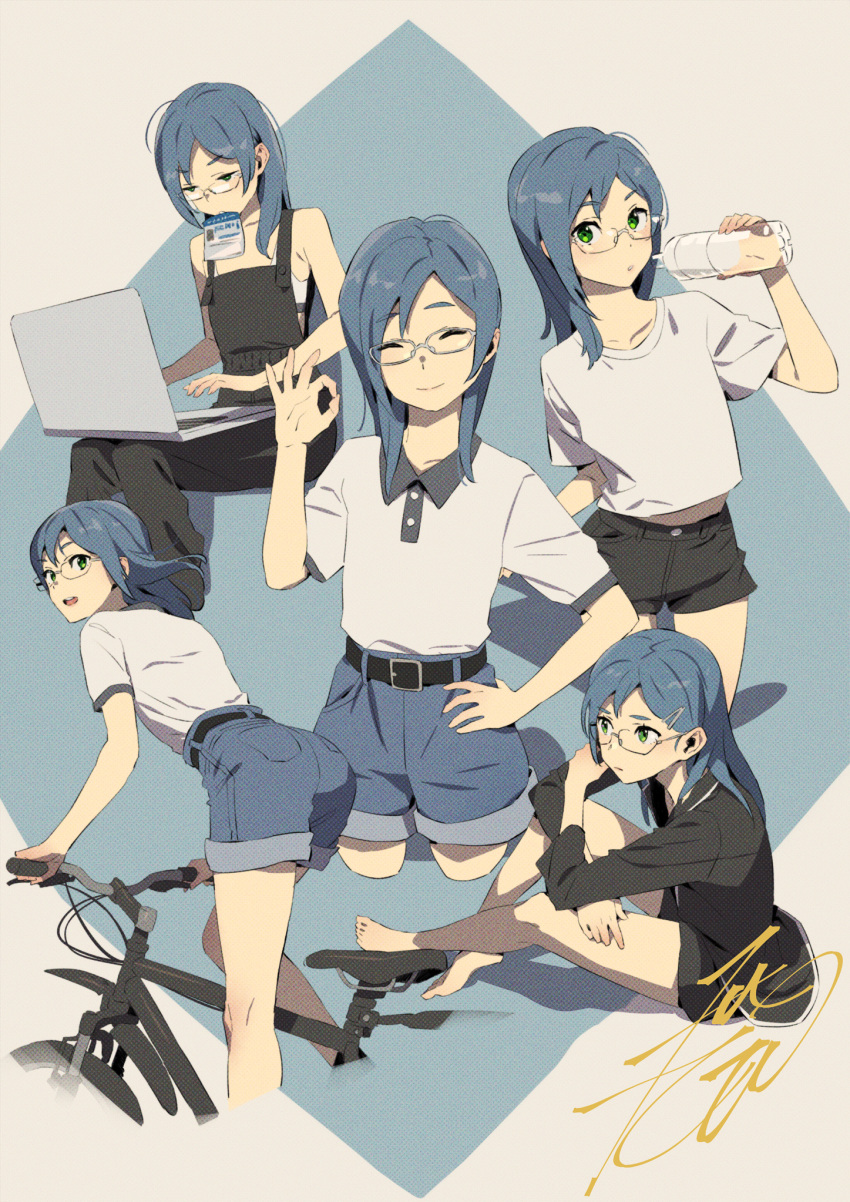 ^_^ asymmetrical_hair asymmetrical_sidelocks bare_legs barefoot bicycle black_overalls black_shirt black_shorts blue_hair blue_shorts bottle closed_eyes collage collared_shirt computer cropped_legs crossed_legs drinking female flat_chest glasses green_eyes hand_on_own_hip highres holding holding_bottle id_card kobayashi_gen laptop long_hair looking_at_viewer looking_back ok_sign overalls pajamas parted_bangs riding riding_bicycle rinoda_mano school_girl_strikers shirt shorts sign simple_background sitting soda_bottle sports_bra typing white_shirt