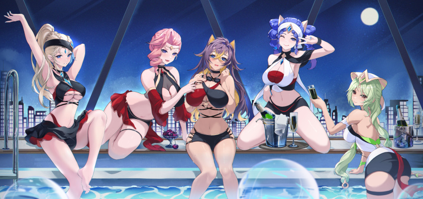 5girls ;q absurdres adapted_costume animal_ears arm_up armpits arms_up ass bare_arms bare_shoulders bikini bikini_skirt black_bikini black_hair blonde_hair blue_eyes blue_hair breasts bupa_chila cleavage closed_mouth clothing_cutout criss-cross_halter dehya_(genshin_impact) eremite_(faction) eremite_desert_clearwater_(genshin_impact) eremite_floral_ring-dancer_(genshin_impact) eremite_galehunter_(genshin_impact) eremite_scorching_loremaster_(genshin_impact) from_behind genshin_impact green_hair grin halterneck hat headband highres incredibly_absurdres large_breasts long_hair looking_at_viewer midriff multicolored_hair multiple_girls navel night one_eye_closed pink_hair ponytail pool purple_eyes sarong side_cutout sitting smile stomach streaked_hair swimsuit thighs tongue tongue_out twintails two-tone_bikini two-tone_hair underboob v white_headwear