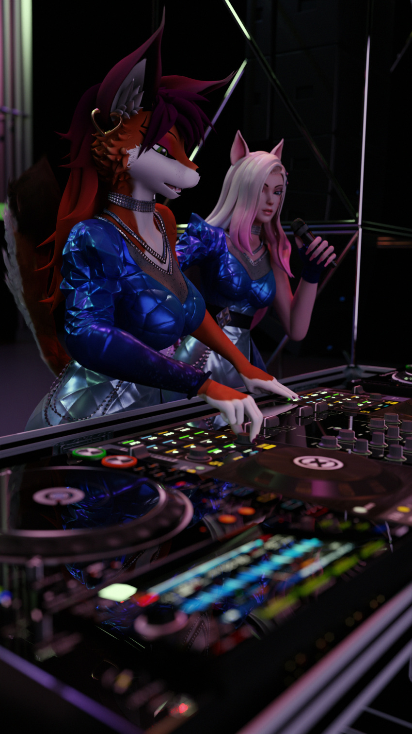 3d_(artwork) 9:16 absurd_res accessory ahri_(lol) ambient_lighting anthro avoid_posting big_breasts blender_(artwork) blender_cycles blue_eyes bodypaint bokeh bottomwear bracelet breasts canid canine case choker clothing colored_nails concert cosplay diamonds_(suit) digital_media_(artwork) dj_booth duo ear_piercing ear_ring electronics face_paint fangs female female/female fluffy fluffy_tail fox foxxy_vixen foxy_(original) gear glistening glistening_clothing green_eyes hair hair_accessory hairclip hand_on_object heart_symbol hi_res holding_microphone holding_object human inner_ear_fluff jewelry knobs lcd_monitor league_of_legends led_light live loudspeaker mammal metal microphone miniskirt mixer music nails necklace oled open_mouth piercing pinch pioneer_(company) purple_lighting raised_tail reflection ring_piercing riot_games screen sharp_teeth skirt speaker stage stage_lights suit_symbol tail teeth tencent tuft