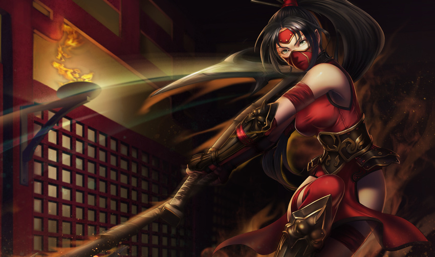 akali akali_(legacy) alternate_costume arm_guards armband armor armpits bare_shoulders black_hair breasts corset crimson_akali dual_wielding embers faulds female fire forehead_protector greaves green_eyes hair_ornament hair_stick halterneck high_ponytail holding holding_weapon japanese_clothes kama_(weapon) league_of_legends leg_up leotard long_hair looking_at_viewer mask medium_breasts motion_blur ninja official_art pelvic_curtain photoshop_(medium) ponytail red_leotard red_thighhighs serious sickle solo taut_clothes thigh_strap thighhighs turtleneck vambraces very_long_hair weapon