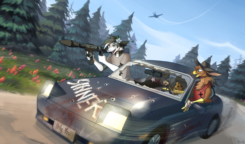 2021 accessory aiming aircraft airplane ambiguous_gender american_opossum anthro arm_tuft avian beak black_body black_fur black_hair blood bodily_fluids brown_body brown_fur bullet_hole car claws clothing day detailed_background driving duo ears_back ears_down elbow_tuft english_text evil_grin far_cry far_cry_5 female flower flower_in_hair forest forest_background fur green_eyes gryphon gun hair hair_accessory hat headgear headwear jewelry mammal marsupial multicolored_body multicolored_fur multicolored_hair mythological_avian mythological_creature mythology nature nature_background necklace outside pivoted_ears plant ranged_weapon rocket_launcher ruddi rudy_(ruddi) shirt smile terons_rickman text topwear tree tuft two_tone_hair ubisoft vehicle weapon white_body white_fur white_hair