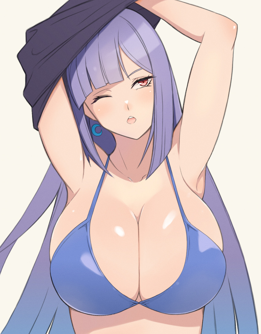 arms_up bikini bikini_top_only blush breasts cleavage collarbone commentary earrings female gundam gundam_zz head_tilt highres jewelry konishiki_(52siki) large_breasts long_hair one_eye_closed open_mouth purple_hair red_eyes roux_louka shiny_skin simple_background solo swimsuit teeth undressing upper_body upper_teeth_only