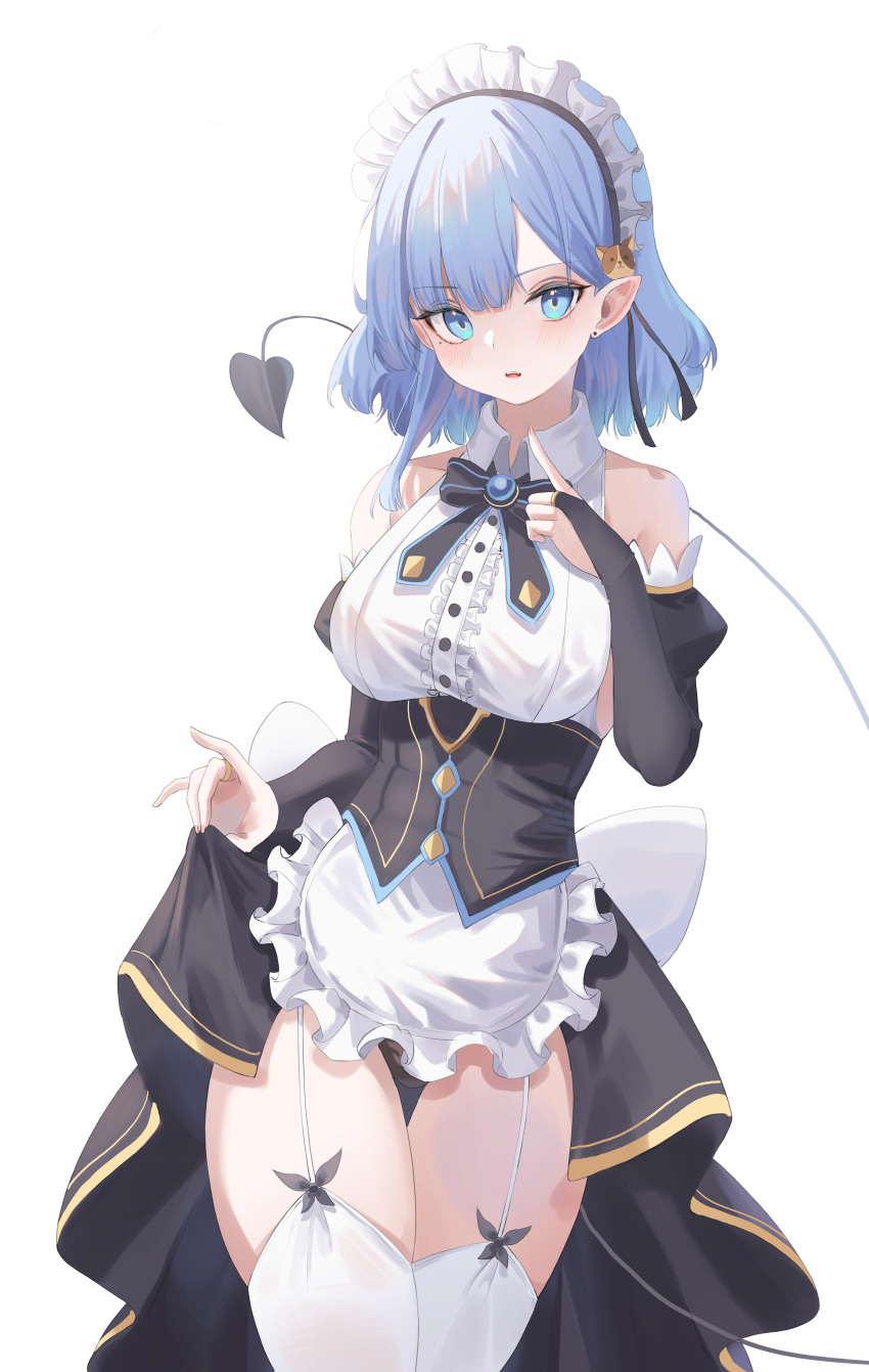 absurdres bare_shoulders black_panties blue_eyes blue_hair blush breasts cake_walker commentary demon_tail female highres looking_at_viewer maid medium_hair open_mouth original panties simple_background tail thighhighs thighs underwear white_background white_thighhighs