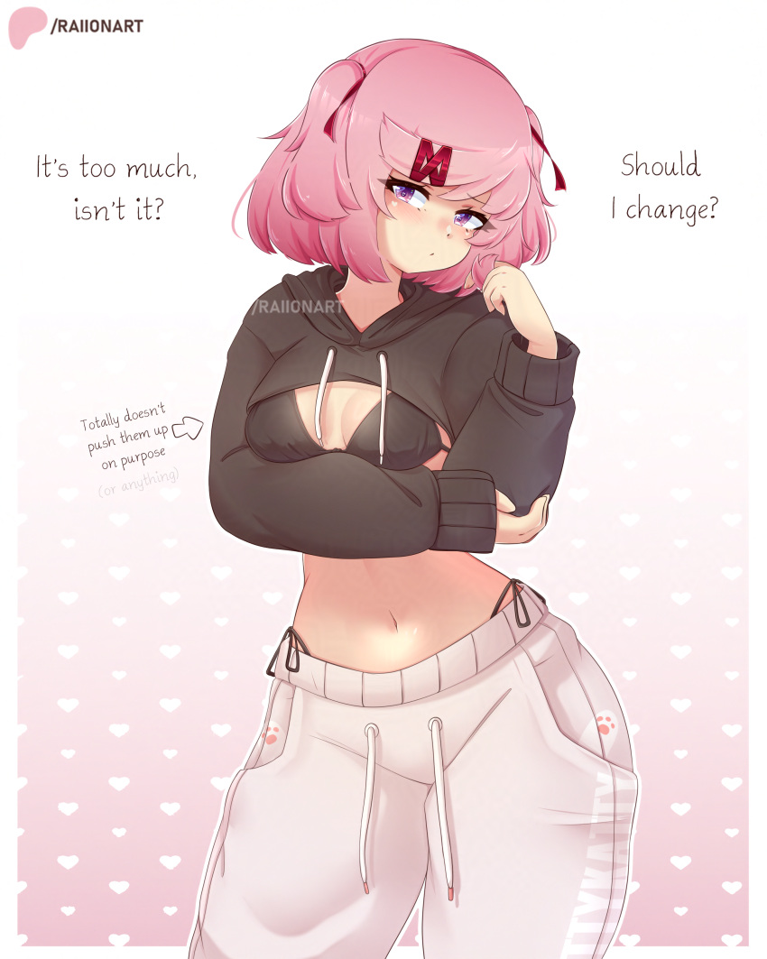 absurdres artist_name bikini bikini_under_clothes black_bikini black_hoodie breasts cleavage commentary cropped_hoodie doki_doki_literature_club english_commentary english_text female goth_fashion highres hood hoodie midriff natsuki_(doki_doki_literature_club) navel pants patreon_logo patreon_username pink_hair raion_(raionart) short_hair side-tie_bikini_bottom simple_background solo sweatpants swimsuit