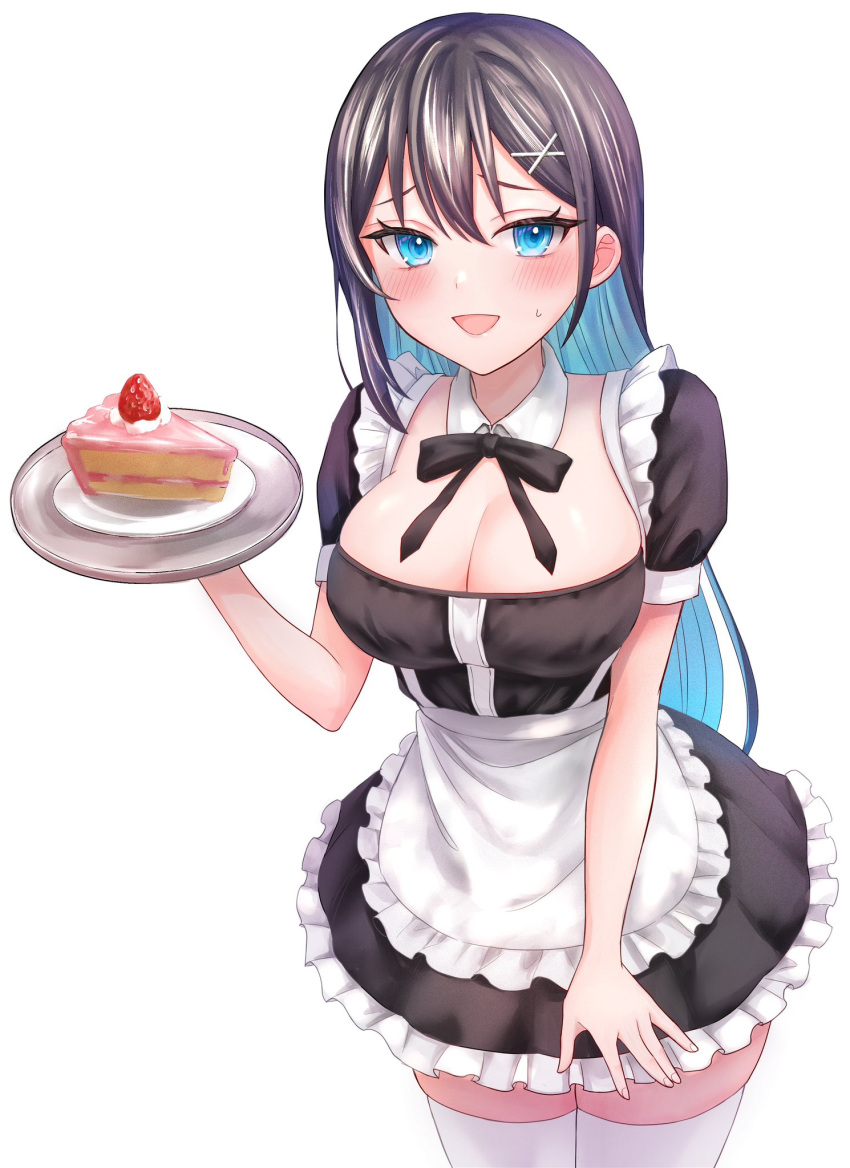 apron black_dress black_hair black_ribbon blue_eyes blue_hair blush breasts cake cake_slice cleavage commentary_request cowboy_shot detached_collar dress female food frilled_apron frills fruit hair_ornament highres holding holding_plate large_breasts maid maid_apron multicolored_hair neck_ribbon open_mouth original plate ribbon short_dress short_sleeves simple_background smile solo strawberry strawberry_cake sumikawa_haru sweat thighhighs two-tone_hair white_apron white_background white_thighhighs x_hair_ornament