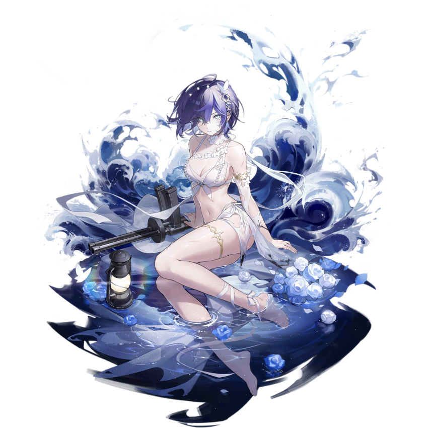 ankle_ribbon aqua_eyes armlet artist_request barefoot bikini blue_flower blue_gemstone blue_hair blue_rose breasts butterfly_hair_ornament choker cleavage dress earrings eyes_visible_through_hair feet female flower flower_choker full_body gem gem_hair_ornament girls'_frontline gun hair_between_eyes hair_ornament highres jewelry lantern large_breasts leg_ribbon looking_at_viewer lying official_alternate_costume official_art on_side parted_lips ribbon rose short_hair simple_background single_sleeve soaking_feet solo swimsuit thighlet third-party_source toes torn_clothes torn_dress torn_sleeve transparent_background vp1915_(girls'_frontline) vp1915_(song_from_the_high_tower)_(girls'_frontline) vp_m1915 water waves weapon white_bikini white_choker white_dress white_flower white_ribbon white_rose white_sleeves