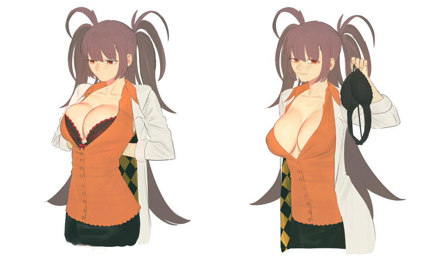 bra breasts brown_hair buttons collarbone dr._arach female highres holding holding_bra holding_underwear holding_unworn_clothes jacket large_breasts leodot long_hair multicolored_clothes orange_eyes orange_shirt patterned_clothing removing_bra shirt simple_background smile solo tsukihime tsukihime_(remake) twintails underwear white_background white_jacket