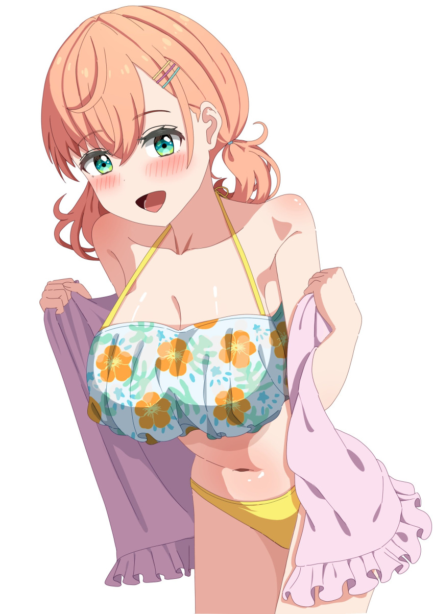 :d absurdres aqua_eyes bikini blush breasts cleavage clothes_grab collarbone cowboy_shot crossed_bangs female floral_print frilled_bikini frilled_jacket frills hair_ornament hairclip halterneck highres hinoshita_kaho hinoshita_kaho_(swimsuit) jacket jacket_grab jacket_over_swimsuit jacket_partially_removed large_breasts link!_like!_love_live! looking_at_viewer love_live! low_twintails medium_hair mismatched_bikini navel official_alternate_costume open_clothes open_jacket open_mouth orange_hair pink_jacket print_bikini shirasaki_(ebb_ss) short-sleeved_jacket short_sleeves simple_background smile solo stomach swimsuit twintails virtual_youtuber white_background white_bikini yellow_bikini