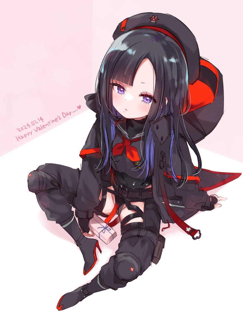 2024 asymmetrical_bangs beret black_hair boots box commentary_request crotch_cutout dated eunhwa_(nikke) fingerless_gloves forehead from_above fummy gift gift_box gloves goddess_of_victory:_nikke happy_valentine hat high_heel_boots high_heels highres hood hooded_jacket jacket knee_pads leotard leotard_under_clothes long_hair mole mole_under_mouth multicolored_hair neckerchief open_clothes open_jacket purple_eyes red_neckerchief school_uniform serafuku streaked_hair two-sided_fabric two-sided_jacket