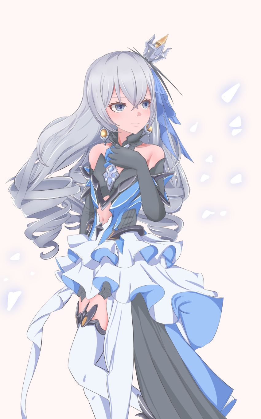 bare_shoulders black_gloves bronya_zaychik bronya_zaychik_(herrscher_of_reason) brown_background closed_mouth clothing_cutout commentary_request dress elbow_gloves erasumo3821 female gloves grey_eyes grey_hair hair_between_eyes hand_up highres honkai_(series) honkai_impact_3rd looking_to_the_side navel navel_cutout simple_background smile solo standing standing_on_one_leg thighhighs white_thighhighs