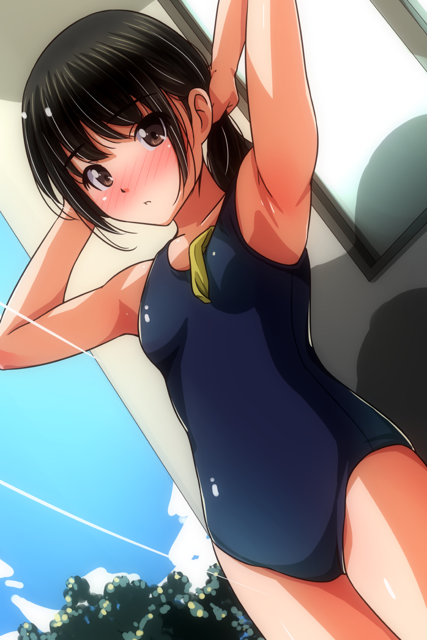 absurdres adjusting_hair armpits arms_behind_head black_hair black_one-piece_swimsuit blush breasts brown_eyes collarbone cowboy_shot day dot_nose dutch_angle female highres light_rays looking_at_viewer matsunaga_kouyou new_school_swimsuit nose_blush one-piece_swimsuit open_mouth original outdoors presenting_armpit school_swimsuit short_hair sidelocks small_breasts solo standing swimsuit unworn_swim_cap