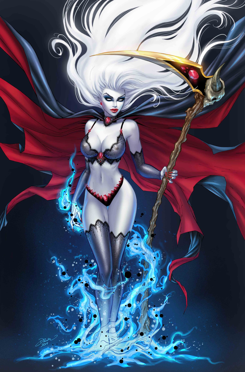 absurdres black_bra black_cape black_panties black_thighhighs blank_eyes blue_eyeshadow bra breasts cape cleavage colored_skin dawn_mcteigue electricity electrokinesis eyeshadow female highres holding holding_scythe lady_death lady_death_(character) large_breasts long_hair looking_at_viewer makeup navel nipples panties red_cape red_lips red_nails scythe see-through see-through_bra signature solo standing thighhighs two-sided_cape two-sided_fabric underwear white_hair white_skin