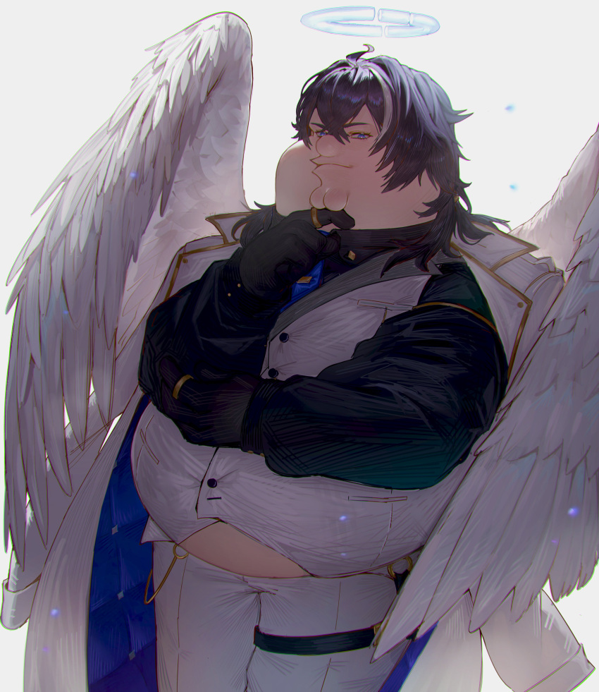 1boy absurdres azeru_(vtuber) azeru_(vtuber)_(cosplay) black_gloves black_hair black_jacket blue_eyes cleft_chin closed_mouth coat commission cosplay family_guy fat fat_man feathered_wings gloves halo highres indie_virtual_youtuber jacket jewelry kowai_(iamkowai) looking_at_viewer male_focus multicolored_hair pants peter_griffin ring short_hair solo streaked_hair two-sided_fabric two-tone_hair vest virtual_youtuber white_coat white_hair white_pants white_vest white_wings wings