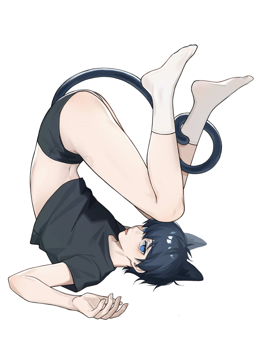 1boy animal_ears bite_mark bite_mark_on_thigh black_hair black_male_underwear black_shirt blue_eyes blue_lock cat_boy cat_ears cat_tail clothes_lift full_body highres isagi_yoichi kiiskiss99 legs_up looking_at_viewer lying male_focus male_underwear on_back shirt shirt_lift short_hair short_sleeves simple_background socks solo tail tongue tongue_out underwear white_background white_socks