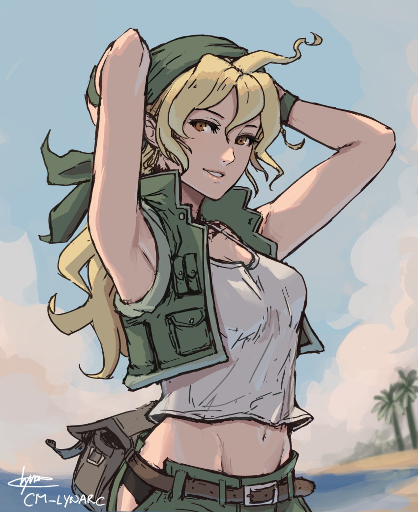 ahoge armpit_peek arms_behind_head artist_name bandana beach belt blonde_hair brown_belt brown_eyes cm_lynarc fanny_pack female green_bandana green_jacket green_shorts green_wristband highres jacket kasamoto_eri long_hair metal_slug midriff navel panties panty_peek shorts signature sleeveless sleeveless_jacket smile solo underwear upper_body wristband