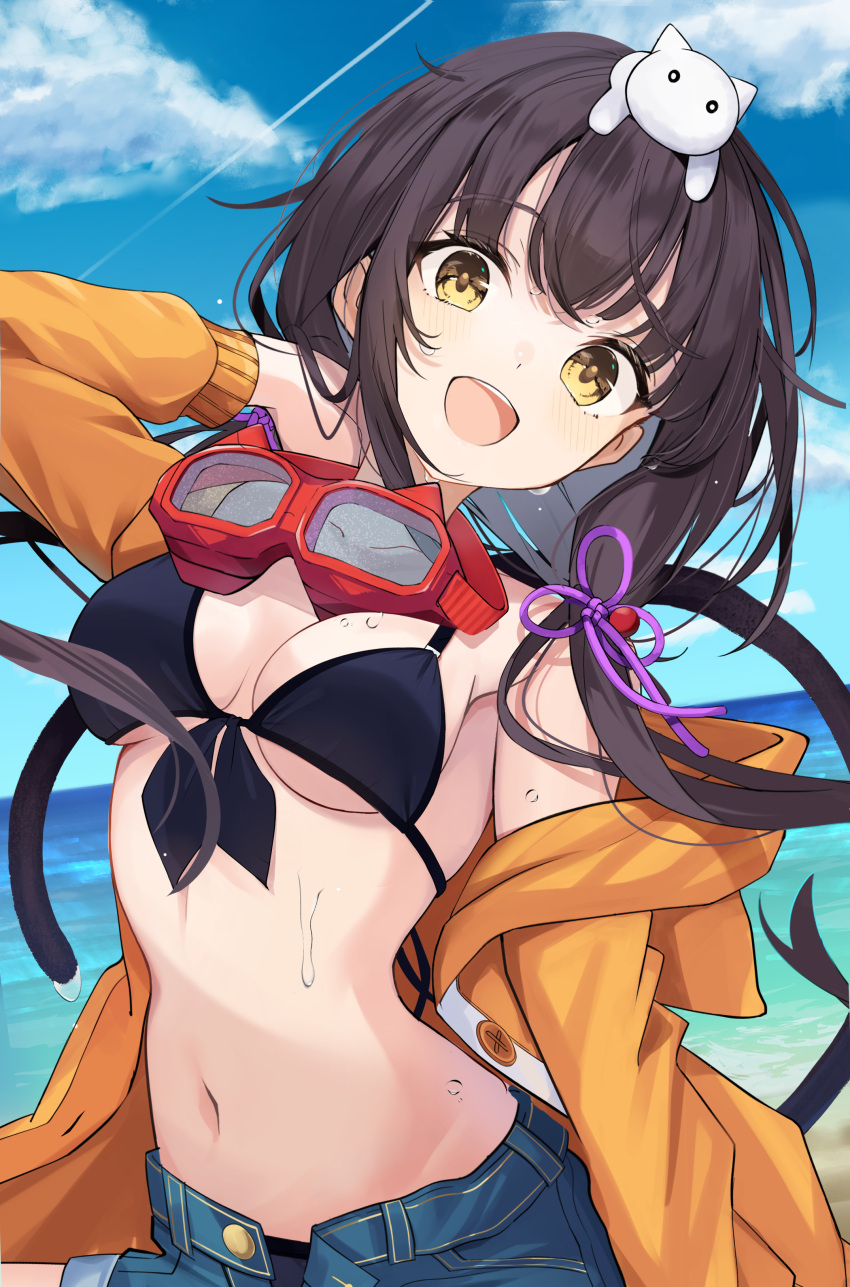 absurdres armpits asakura_karen_(heaven_burns_red) bikini black_hair blush breasts chroemaguro cleavage collarbone commentary_request female goggles goggles_on_headwear heaven_burns_red highres jacket long_hair looking_at_viewer low_twintails medium_breasts open_mouth shorts sky solo swimsuit tail twintails wet