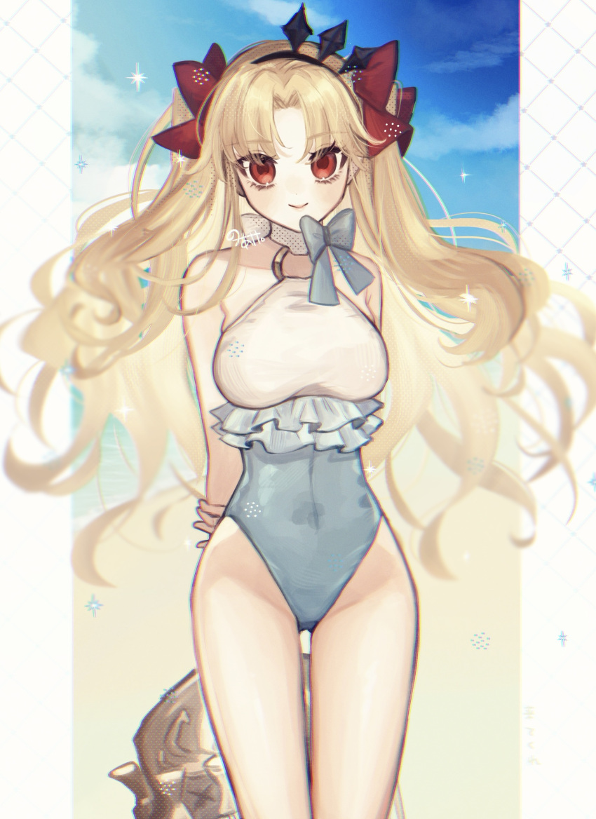 absurdres bare_shoulders beach blonde_hair blue_sky blush breasts ereshkigal_(fate) fate/grand_order fate_(series) female grey_one-piece_swimsuit hairband highleg highleg_one-piece_swimsuit highres long_hair looking_at_viewer medium_breasts noa_pisces o-ring one-piece_swimsuit red_eyes shore sky solo space_ereshkigal_(fate) space_ereshkigal_(first_ascension)_(fate) swimsuit thighs two-tone_swimsuit two_side_up white_one-piece_swimsuit