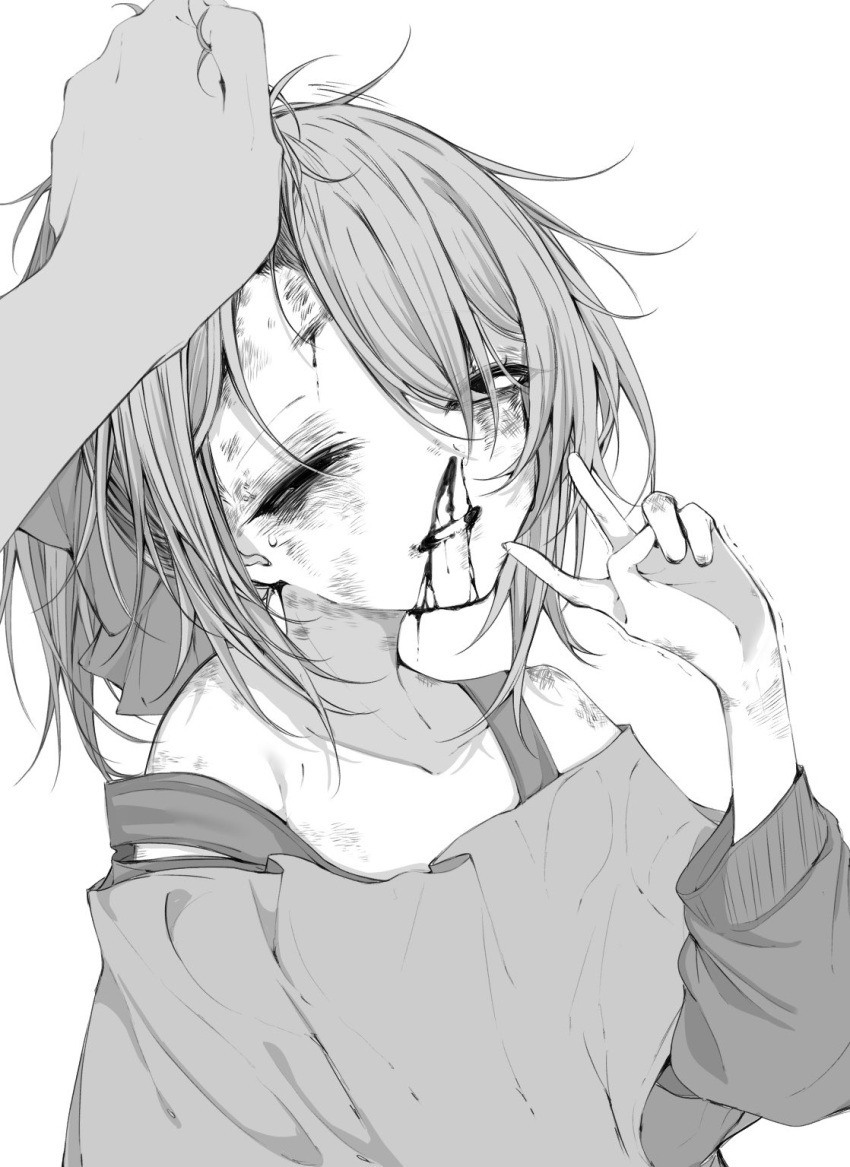 1boy bare_shoulders bleeding blood blood_on_face bruise bruise_on_face bruise_on_neck female grabbing_another's_hair greyscale half-closed_eyes highres injury looking_at_viewer medium_hair monochrome mushoku_loli mushoku_loli_(character) nosebleed off-shoulder_shirt off_shoulder one_eye_closed original ryona shirt simple_background solo_focus tearing_up v