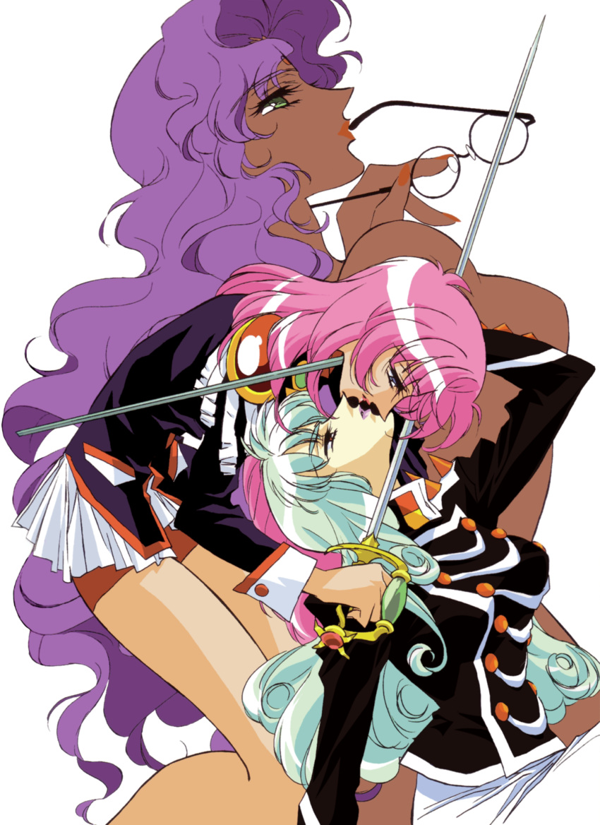 1990s_(style) 3girls chigusa_sanjouin curly_hair dark-skinned_female dark_skin highres himemiya_anthy holding holding_removed_eyewear holding_sword holding_weapon long_hair multiple_girls multiple_swords official_art pink_hair purple_hair retro_artstyle shoujo_kakumei_utena shoujo_kakumei_utena_itsuka_kakumeisareru_monogatari simple_background sword sword_of_dios tenjou_utena unworn_eyewear weapon white_background yuri