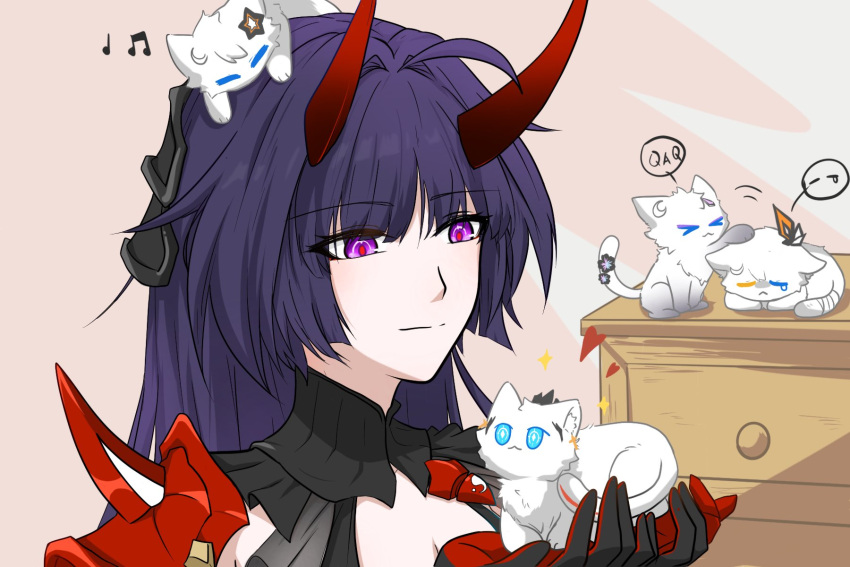 >_< animal animal_on_head animalization beamed_eighth_notes black_gloves blue_eyes breasts character_request chest_of_drawers cleavage cleavage_cutout closed_eyes closed_mouth clothing_cutout commentary_request feline gloves heart heterochromia highres holding holding_animal honkai_(series) honkai_impact_3rd horns kiana_kaslana long_hair musical_note nuo_han_bingxin on_head purple_eyes purple_hair quarter_note raiden_mei smile sparkle spoken_expression upper_body white_cat yellow_eyes