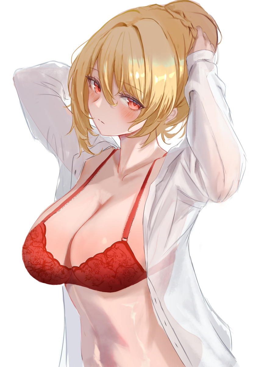 absurdres angelica_rafa_redgrave ann_(enye5842) arms_up blonde_hair blush bra breasts closed_mouth commission female highres large_breasts looking_at_viewer otome_gee_sekai_wa_mob_ni_kibishii_sekai_desu pixiv_commission red_bra red_eyes shirt short_hair simple_background solo underwear upper_body white_background white_shirt