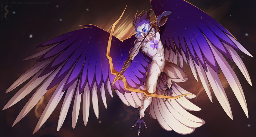 3_toes 4_toes action_pose anisodactyl anthro arrow_(weapon) beak blue_sclera bow_(weapon) claws constellation_markings cosmic_background feathered_wings feathers featureless_chest featureless_crotch feet hi_res male markings navel no_pupils non-mammal_navel nude pose psychobirb purple_body purple_feathers ranged_weapon solo spread_wings star_(marking) toes weapon white_body white_claws white_feathers wings