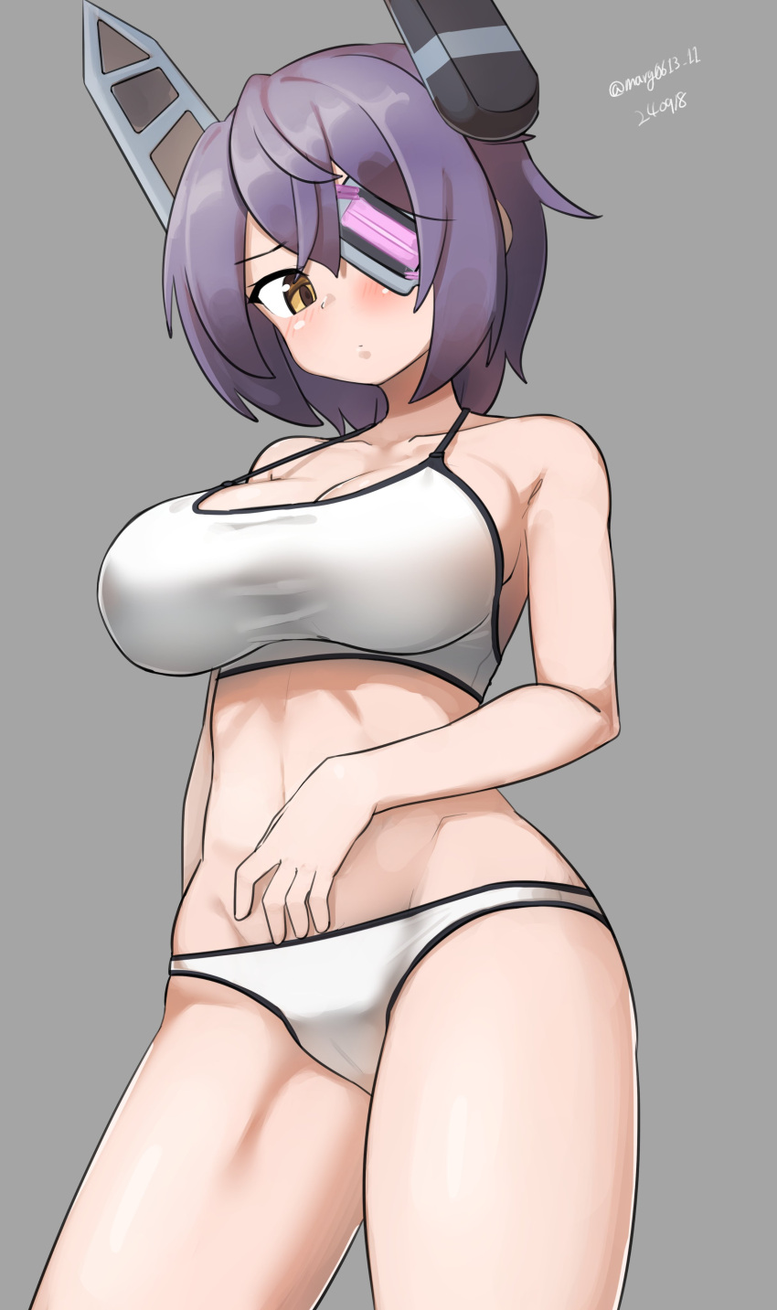 absurdres bikini breasts brown_eyes contrapposto eyepatch female grey_background headgear highres kantai_collection large_breasts maru_(marg0613) official_alternate_costume one-hour_drawing_challenge purple_hair short_hair solo sports_bikini swimsuit tenryuu_(kancolle) tenryuu_(swimsuit_mode)_(kancolle) white_bikini