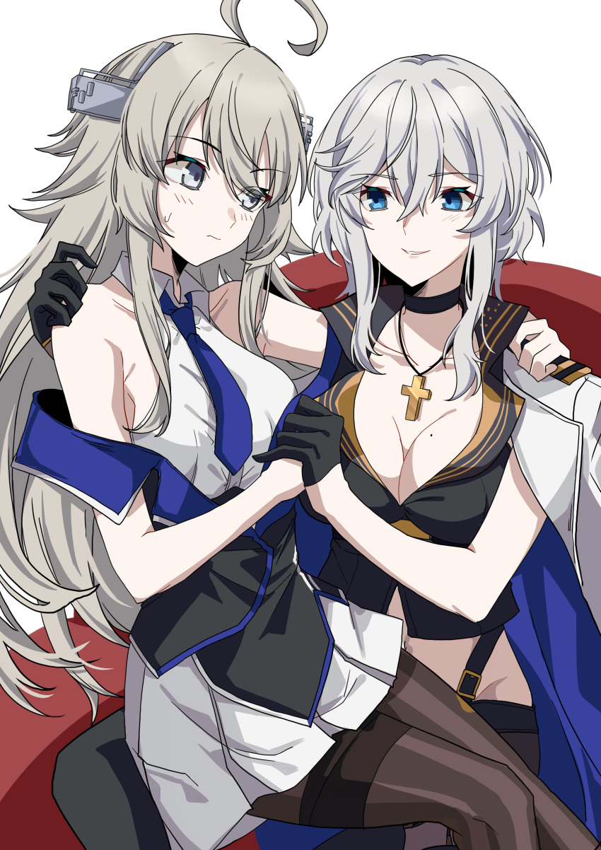 2girls absurdres ahoge azur_lane bare_shoulders black_choker black_gloves black_pantyhose blue_eyes blue_necktie breasts choker cleavage closed_mouth coat coat_on_shoulders cross cross_necklace gloves grey_eyes grey_hair highres historical_name_connection holding_hands jewelry kantai_collection large_breasts light_blush long_hair mole mole_on_breast multiple_girls name_connection necklace necktie pantyhose pokarii_zuu short_hair simple_background sitting sitting_on_lap sitting_on_person smile sweatdrop washington_(azur_lane) washington_(kancolle) white_coat