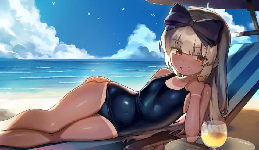 3.1-tan absurdres beach blue_one-piece_swimsuit bow breasts cloud cup drinking_glass female hairbow hepari highres legs long_hair lying ocean old_school_swimsuit on_side one-piece_swimsuit open_mouth os-tan outdoors red_eyes ribbon school_swimsuit sky small_breasts smile solo swimsuit tan tanlines thighs white_hair