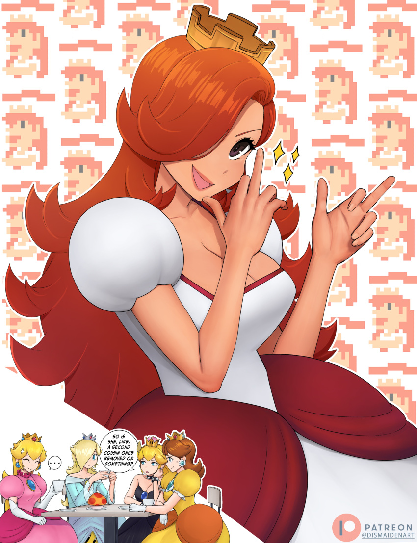 ... 5girls absurdres anger_vein aqua_dress artist_name black_dress blonde_hair blue_eyes bowsette breasts brown_eyes brown_hair cleavage crown cup dismaiden dress earrings english_commentary hair_over_one_eye highres holding holding_cup jewelry large_breasts long_hair luma_(mario) mario_(series) meme middle_finger mini_crown multiple_girls mushroom new_super_mario_bros._u_deluxe orange_hair patreon_logo pink_dress princess_daisy princess_peach princess_toadstool_redraw_(meme) puffy_sleeves rosalina speech_bubble super_mario_galaxy teacup white_dress yellow_dress