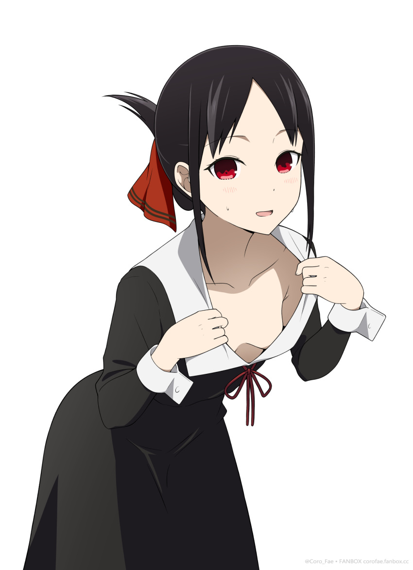 :d black_dress black_hair blush breasts collarbone coro_fae cowboy_shot dress female hair_ribbon highres kaguya-sama_wa_kokurasetai_~tensai-tachi_no_renai_zunousen~ leaning_forward no_bra paid_reward_available parted_bangs red_eyes red_ribbon ribbon school_uniform shinomiya_kaguya short_hair shuuchiin_academy_school_uniform simple_background small_breasts smile solo white_background