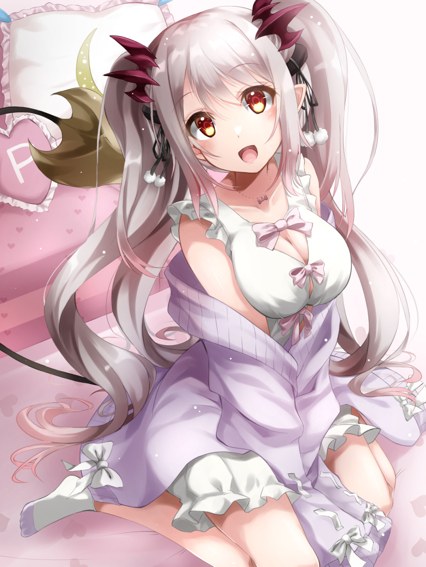 :d arms_between_legs blush bone_necklace bow breasts cleavage cleavage_cutout clothing_cutout collarbone demon_horns demon_tail dress dress_bow female frilled_dress frilled_pillow frills fuyuno_taka gradient_hair grey_hair hair_between_eyes head_tilt heart heart-shaped_pillow highres horns indie_virtual_youtuber jacket jacket_partially_removed jewelry large_breasts long_hair long_sleeves looking_at_viewer multicolored_hair necklace no_shoes open_mouth pillow pink_bow pointy_ears pom_pom_(clothes) purple_jacket quad_tails red_eyes short_dress sidelocks sitting sleeve_bow sleeveless sleeveless_dress sleeves_past_fingers sleeves_past_wrists smile socks solo suou_patra swept_bangs tail tail_raised very_long_hair virtual_youtuber wariza white_bow white_dress