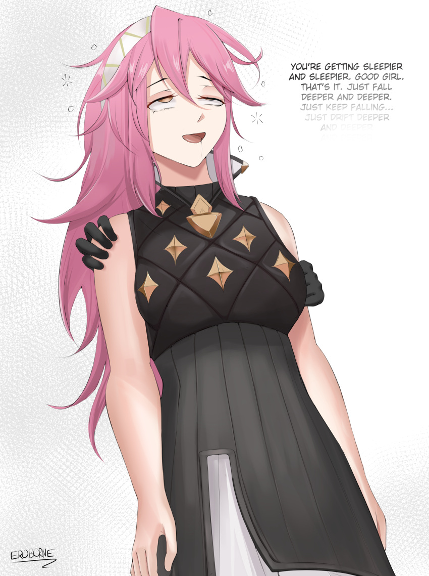 :d absurdres alternate_costume bare_shoulders black_dress breasts commentary_request disembodied_hand dress drooling empty_eyes english_text eroborne female fire_emblem fire_emblem_fates hairband highres hypnosis leaning_back long_hair mind_control pink_hair rolling_eyes saliva sleepy sleeveless smile soleil_(fire_emblem) solo_focus squeans turtleneck turtleneck_dress uneven_eyes