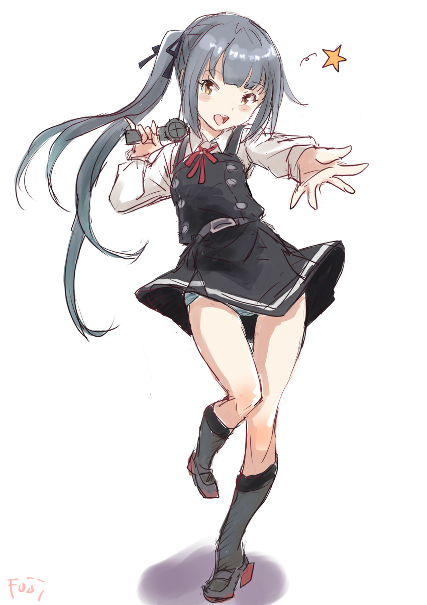 black_dress brown_eyes collared_shirt dress dress_shirt female foreshortening fuji_(pixiv24804665) grey_hair highres kantai_collection kasumi_(kancolle) kasumi_kai_ni_(kancolle) long_hair microphone open_mouth panties pantyshot pinafore_dress shirt side_ponytail simple_background sleeveless sleeveless_dress smile solo teeth underwear upper_teeth_only white_background white_shirt