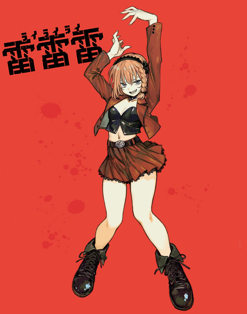 arms_up belt black_footwear black_hairband braid breasts cleavage female grey_eyes hair_between_eyes hairband highres jacket legs long_sleeves looking_at_viewer midriff navel open_clothes open_jacket open_mouth orange_hair rai_rai_rai red_background red_skirt shiny_footwear shoes short_hair simple_background skirt solo teeth thighs yoshiaki_kei