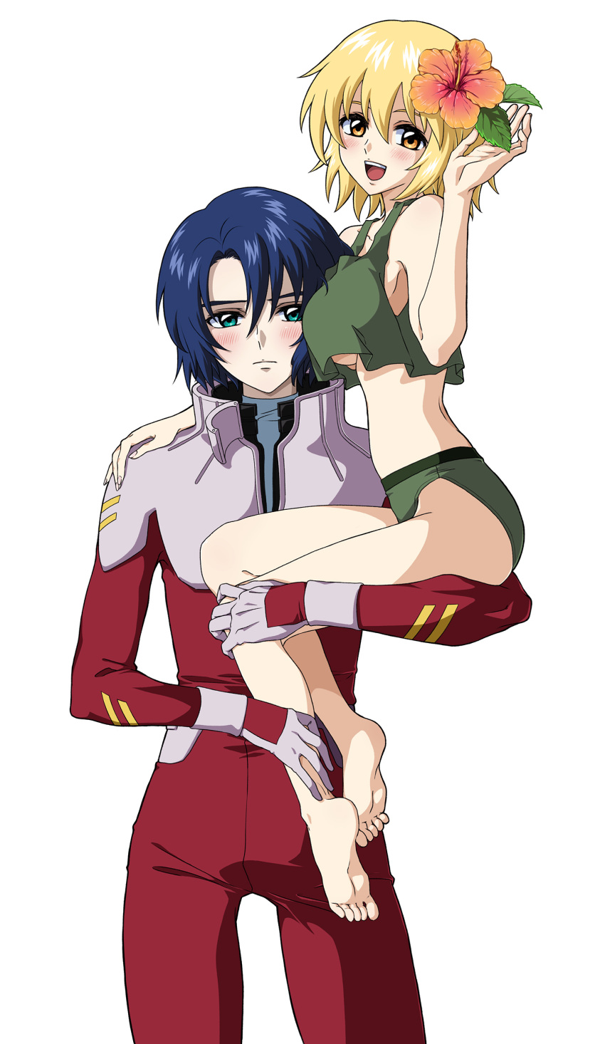 1boy :d absurdres alternate_breast_size athrun_zala bare_arms bare_legs barefoot blonde_hair blue_hair blush bodysuit breasts brown_eyes cagalli_yula_athha carrying carrying_person closed_mouth crop_top eyebrows_hidden_by_hair female flower green_eyes green_panties gundam gundam_seed hair_flower hair_ornament hibiscus highres looking_at_viewer open_mouth orange_flower panties pilot_suit red_bodysuit saeka short_hair simple_background smile soles standing tank_top underboob underwear white_background