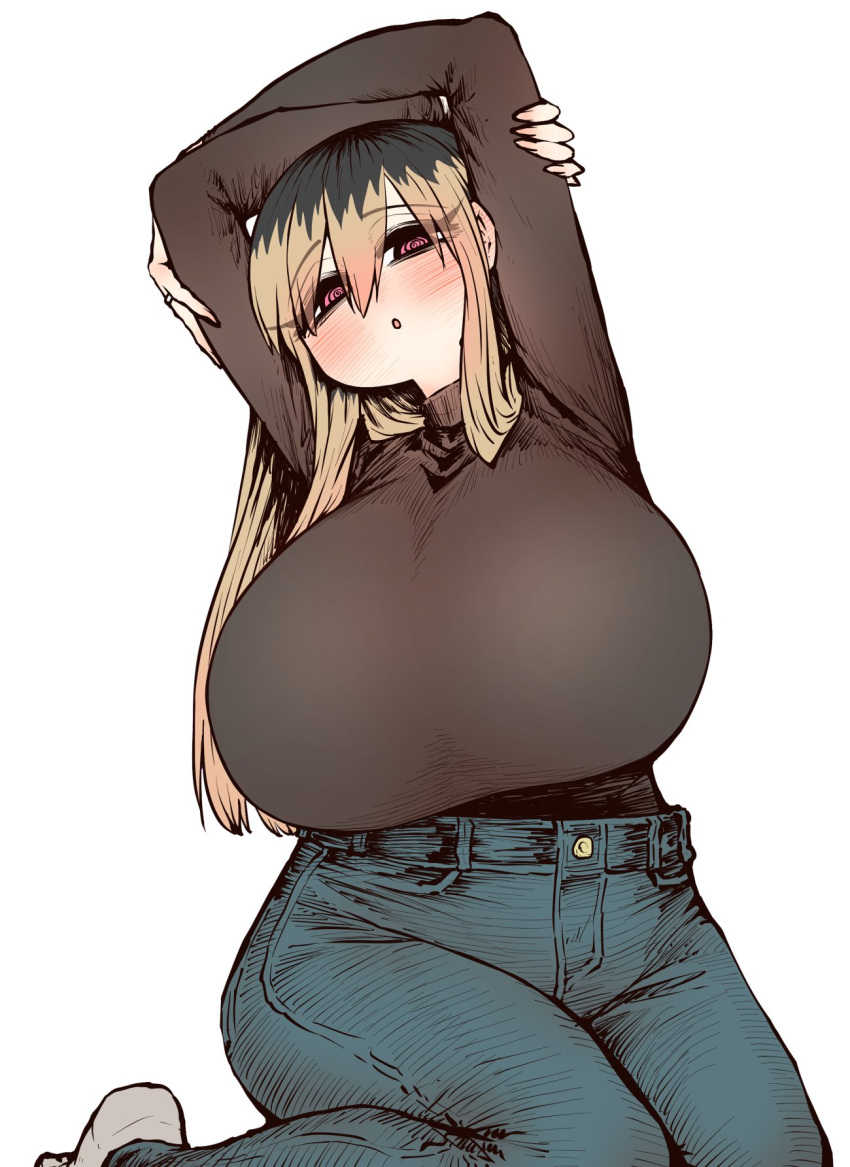 :o @_@ arms_behind_head black_hair black_shirt blonde_hair blush breasts denim female highres huge_breasts jeans kinjo_no_hito_no_nakimushi kneeling large_breasts long_hair long_sleeves looking_at_viewer multicolored_hair ochiai_(kinjo_no_hito_no_nakimushi) pants roots_(hair) shirt smile solo two-tone_hair white_background zyugoya