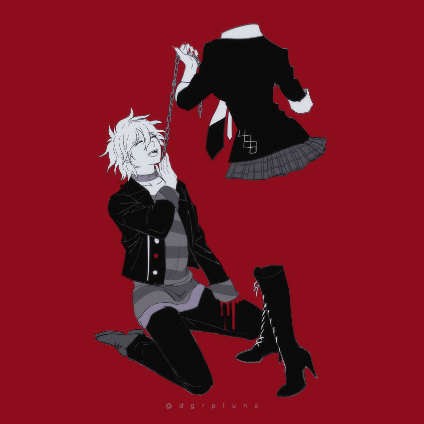 1boy :d artist_name bad_id bad_twitter_id black_shirt blood boleum_(dgrpluna) boots chains collar collarbone cross-laced_footwear danganronpa_(series) danganronpa_another_episode:_ultra_despair_girls enoshima_junko female hand_up high_heel_boots high_heels highres holding holding_chain invisible jacket knee_boots kneeling komaeda_nagito lace-up_boots leash medium_hair metal_collar miniskirt nail_polish necktie open_clothes open_jacket red_background revision servant_(danganronpa) shirt shoes simple_background skirt smile striped_clothes striped_sweater sweater teeth upper_teeth_only