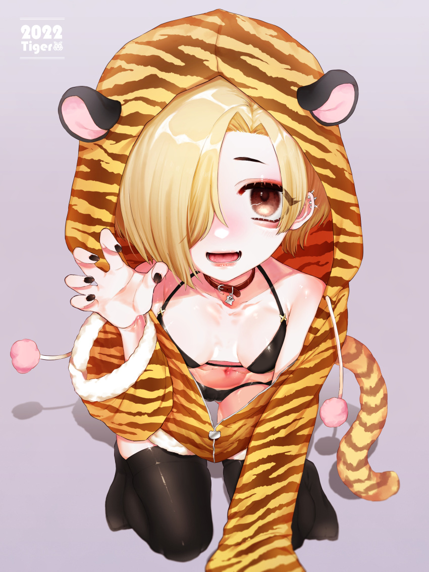 2022 absurdres animal_costume animal_print bikini black_bikini black_nails black_thighhighs blonde_hair blush breasts brown_eyes chinese_zodiac claw_pose collar ear_piercing female hair_over_one_eye highres idolmaster idolmaster_cinderella_girls kneeling looking_at_viewer open_mouth piercing red_collar shinonome_(delus1on) shirasaka_koume small_breasts smile solo swimsuit tail thighhighs tiger_costume tiger_print tiger_tail year_of_the_tiger