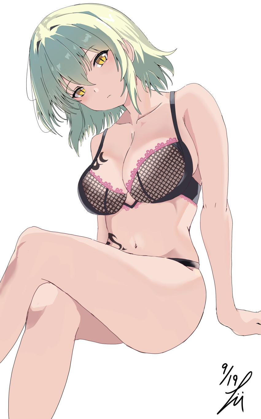 absurdres arm_support armpit_crease black_bra black_panties blush bra breast_tattoo breasts cleavage closed_mouth collarbone crossed_legs dated female green_hair hair_intakes highres hikage_(senran_kagura) hip_tattoo lace lace-trimmed_bra lace_bra lace_trim large_breasts looking_at_viewer navel panties pink_trim senran_kagura senran_kagura_shoujo-tachi_no_shin'ei short_hair signature simple_background slit_pupils snake_tattoo solo takumi_munato tattoo underwear underwear_only unmoving_pattern white_background yellow_eyes