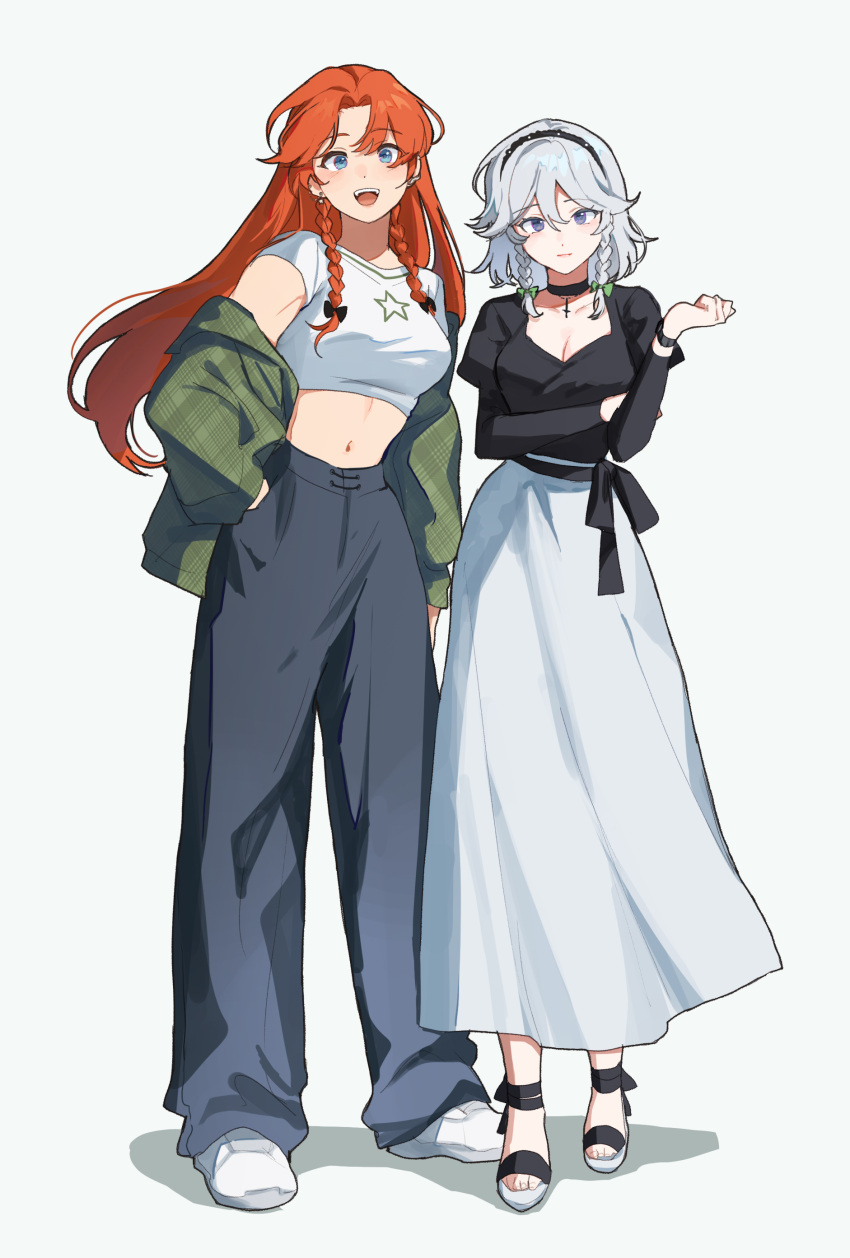 2girls :d absurdres alternate_costume black_collar black_hairband black_shirt blue_eyes blue_pants bracelet breasts cleavage closed_mouth collar commentary contemporary cropped_shirt full_body green_jacket grey_hair hairband hand_in_pocket hand_up highres hong_meiling izayoi_sakuya jacket jewelry juliet_sleeves long_hair long_skirt long_sleeves looking_at_viewer multiple_girls navel off_shoulder open_mouth orange_hair pants puffy_sleeves purple_eyes sandals sarukana shirt shoes simple_background skirt smile symbol-only_commentary touhou twintails white_background white_footwear white_shirt white_skirt