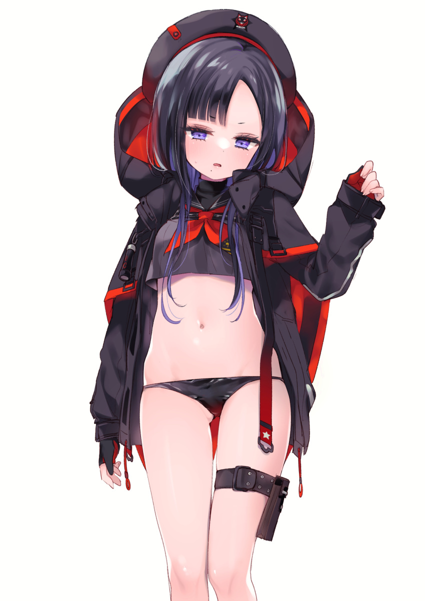 arm_at_side asymmetrical_bangs belt beret black_gloves black_hair black_hat black_jacket black_panties black_sailor_collar black_serafuku breasts crop_top curled_fingers eunhwa_(nikke) feet_out_of_frame female fingerless_gloves fummy gloves goddess_of_victory:_nikke groin hand_up hat highres hood hood_down hooded_jacket jacket long_hair long_sleeves looking_down lowleg lowleg_panties navel neckerchief no_pants open_clothes open_jacket panties parted_lips purple_eyes red_gloves red_neckerchief sailor_collar school_uniform serafuku simple_background small_breasts solo standing stomach thigh_belt thigh_strap thighs two-tone_gloves underwear white_background