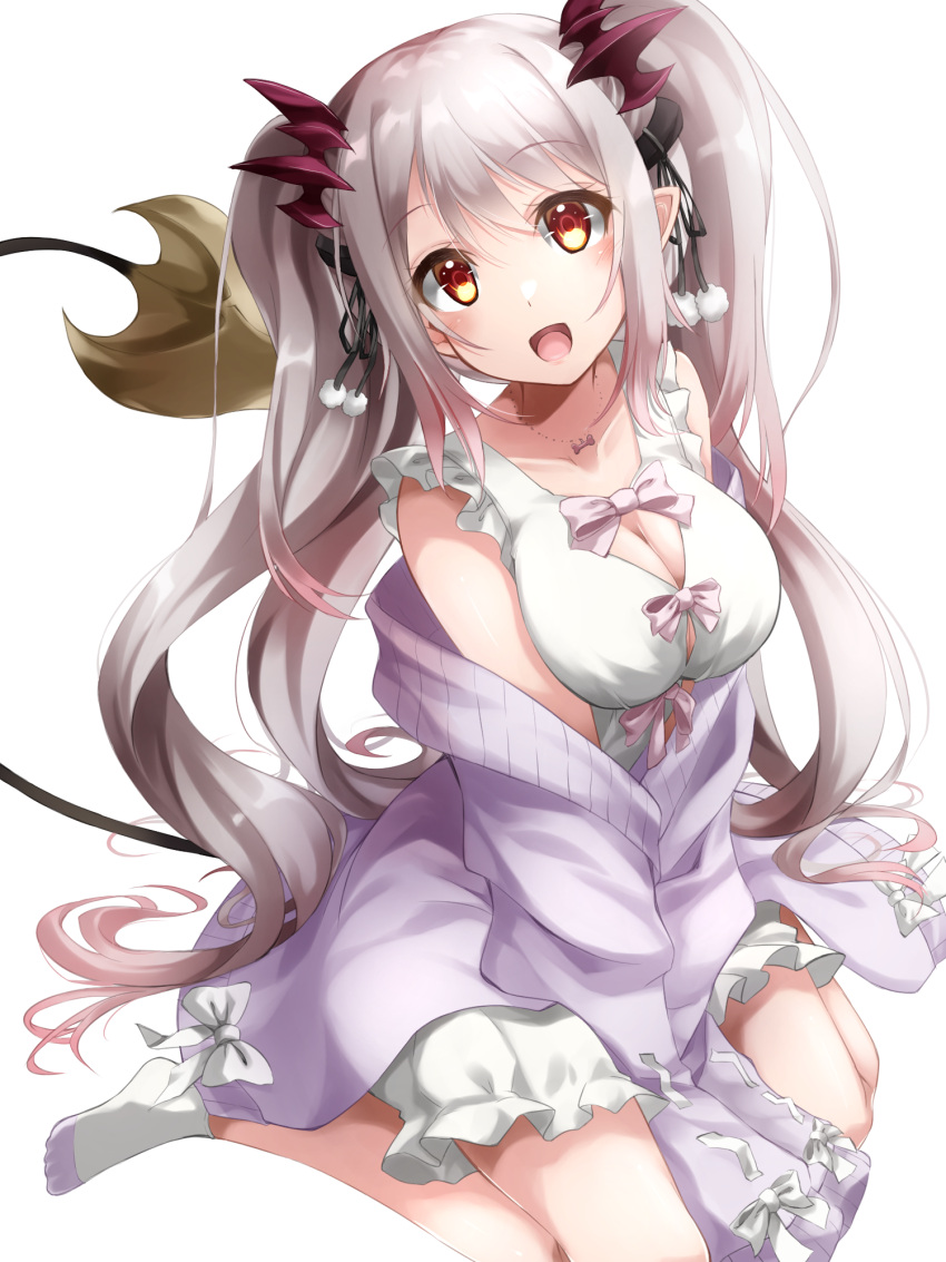 :d arms_between_legs blush bone_necklace bow breasts cleavage cleavage_cutout clothing_cutout collarbone demon_horns demon_tail dress dress_bow female frilled_dress frills fuyuno_taka gradient_hair grey_hair hair_between_eyes head_tilt highres horns indie_virtual_youtuber jacket jacket_partially_removed jewelry large_breasts long_hair long_sleeves looking_at_viewer multicolored_hair necklace no_shoes open_mouth pink_bow pointy_ears pom_pom_(clothes) purple_jacket quad_tails red_eyes short_dress sidelocks simple_background sitting sleeve_bow sleeveless sleeveless_dress sleeves_past_fingers sleeves_past_wrists smile socks solo suou_patra swept_bangs tail tail_raised very_long_hair virtual_youtuber wariza white_background white_bow white_dress