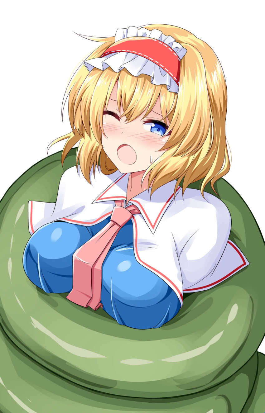 alice_margatroid blonde_hair blue_dress blue_eyes breasts clenched_teeth commission constriction dress female frilled_hairband frills hairband highres red_hairband rise_(rise19851203) short_hair simple_background skeb_commission solo teeth touhou white_background