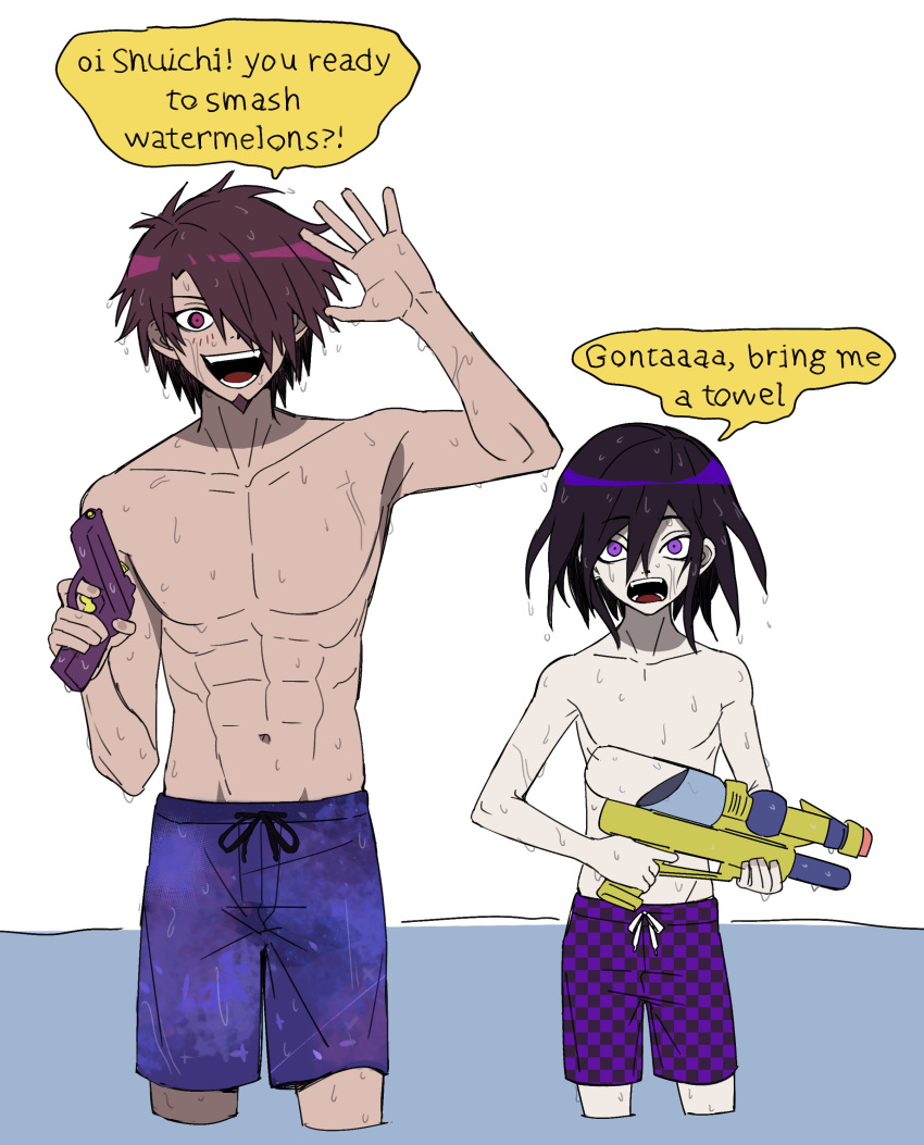 2boys :d abs absurdres brown_hair collarbone cowboy_shot danganronpa_(series) danganronpa_v3:_killing_harmony english_text facial_hair goatee hair_over_one_eye highres holding holding_water_gun looking_at_viewer male_focus male_swimwear miri_(bossu_osu) momota_kaito multiple_boys navel oma_kokichi open_mouth pale_skin pink_eyes plaid_clothes plaid_male_swimwear purple_male_swimwear smile speech_bubble standing teeth topless_male water water_gun wet