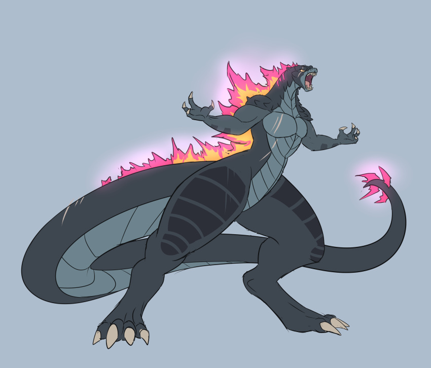 absurd_res alorix ammyzilla_(alorix) anthro claws digitigrade fan_character female full-length_portrait glowing glowing_spikes godzilla godzilla_(series) hi_res kaiju monster pink_spikes portrait roaring scalie scar sibling_(lore) simple_background sister_(lore) solo spikes tail thick_tail thick_thighs toho yellow_eyes