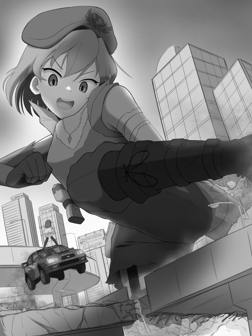 2girls absurdres building car city giant giantess glaring gloves greyscale highres idolmaster idolmaster_million_live! kicking monochrome motor_vehicle multiple_girls nagayoshi_subaru open_mouth semiexp3700 short_hair